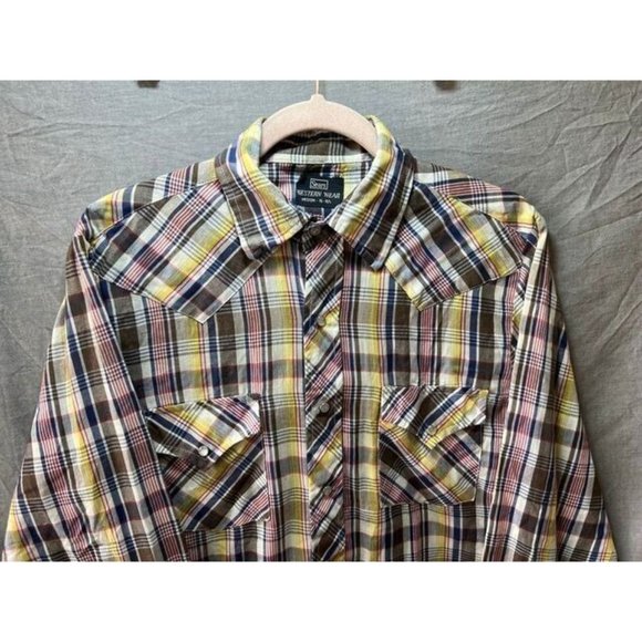 Vintage Western Wear Button Up Shirt Adult Medium Brown Yellow Long Sleeve Mens. - Picture 2 of 8
